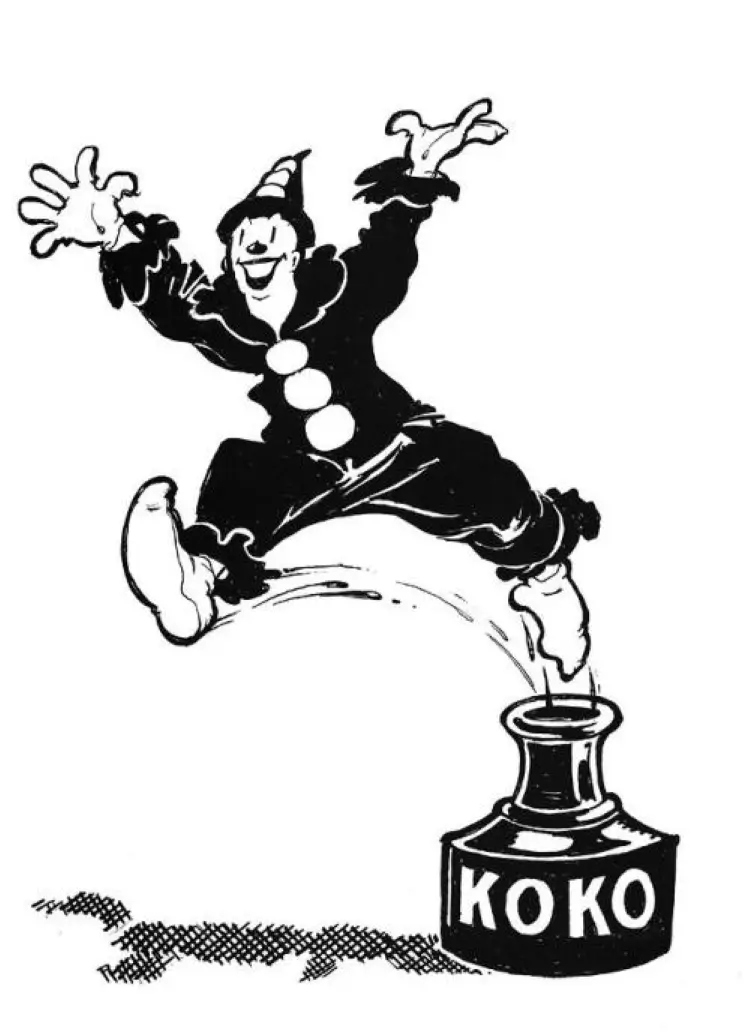A promotional for Koko the Clown, showing him leaping from an inkwell