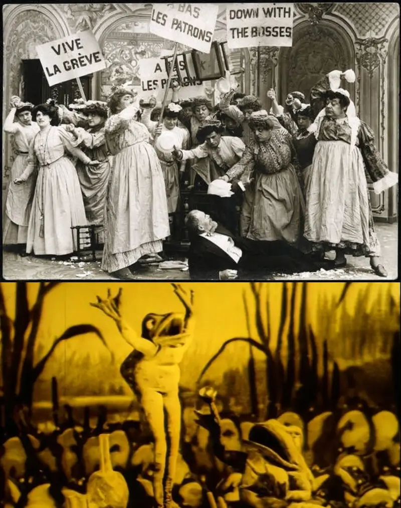 Images from two films. Top: THE NURSEMAIDS' STRIKE (1907). Bottom: The Frogs Who Wanted a King (1922).